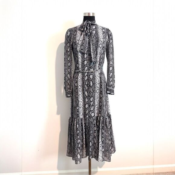 NWT Michael Kors XS Snakeskin Print Midi Dress Tie Neck Belted Ruffle Hem - Picture 4 of 8